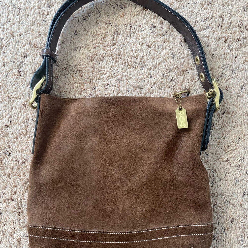 Coach Brown Suede Shoulder Bag with Dark Brown Strap and Gold Hardware